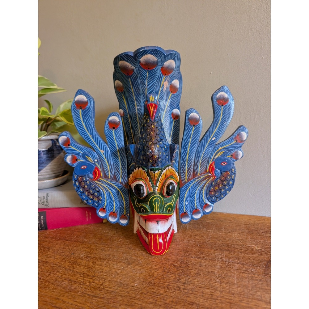 Vintage Sri Lanka Mayura Raksha Wood Mask Peacock Demon Ceylon Folk Art 12"